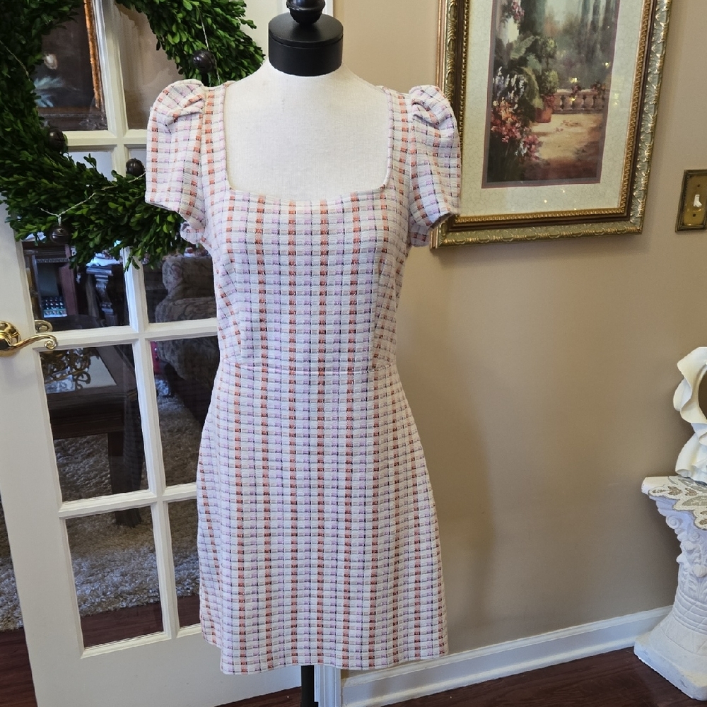 Ann Taylor Checked Dress Coral Pink White Black Short Puff Sleeve Fitted 10 EUC